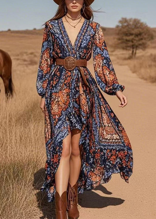 Blue V Neck Asymmetrical Design Chiffon Long Dresses Lantern Sleeve