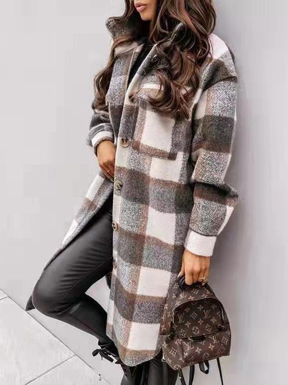 Coats Single Breasted Plaid Brushed Mid Length Wool Coat