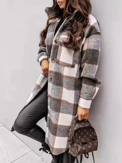 Coats Single Breasted Plaid Brushed Mid Length Wool Coat