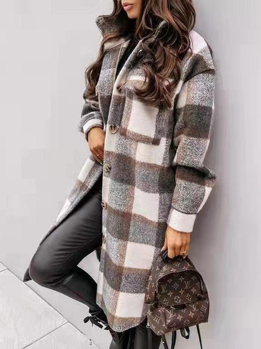 Coats Single Breasted Plaid Brushed Mid Length Wool Coat