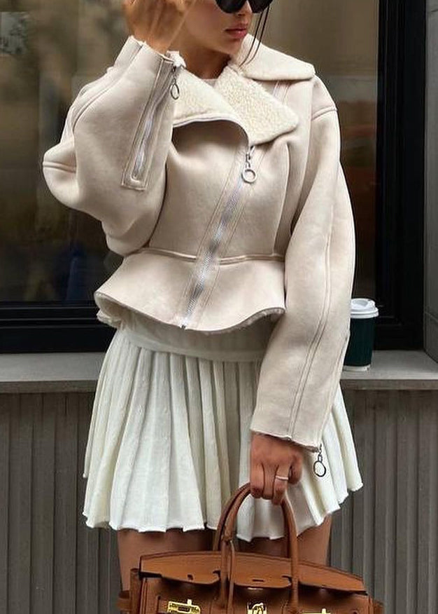 Beige Peter Pan Collar Patchwork Zippered Faux Suede Coat Fall