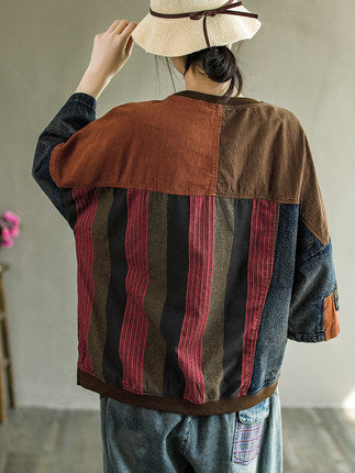 Print Denim Panel Doll Sleeve T-shirt