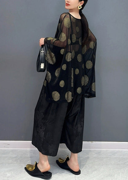 Black Print Silk T Shirts and Crop Pants Two Piece Set Bracelet Sleeve