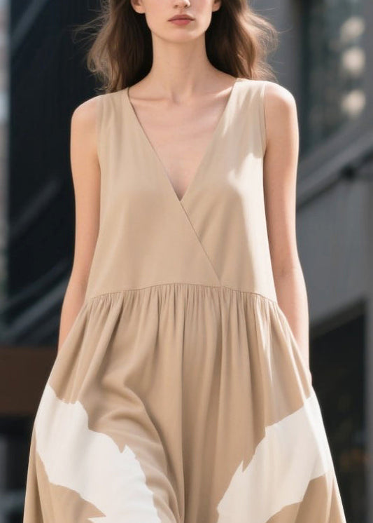 Khaki V Neck Print Cotton Ankle Dress Summer