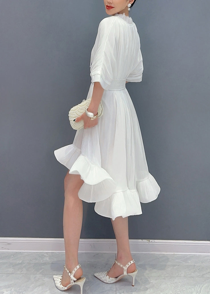 White V Neck Tie Lace Asymmetrical Short Dress