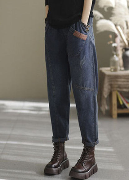Natural Blue Elastic Waist Pockets Denim Pants Spring