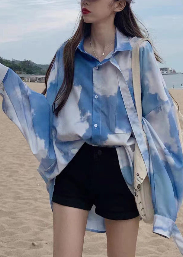 Blue Tie Dye Button Patchwork Cotton Shirt Top Fall