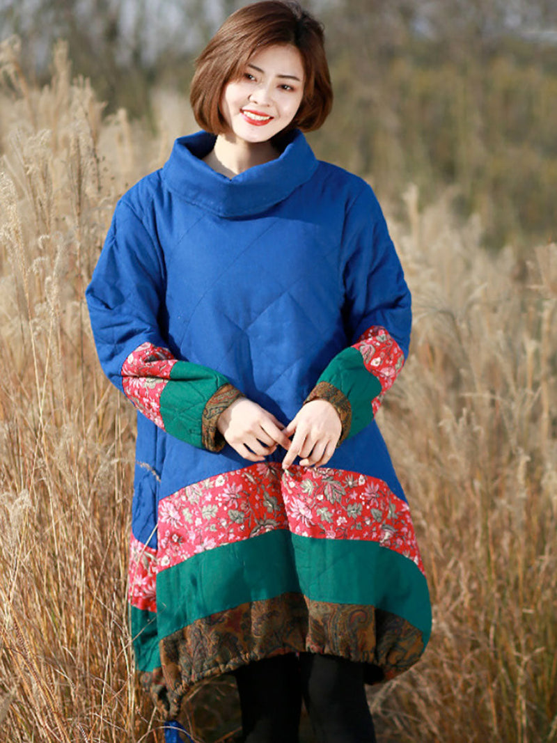 Winter Patchwork Pocket Pullover Loose Coat