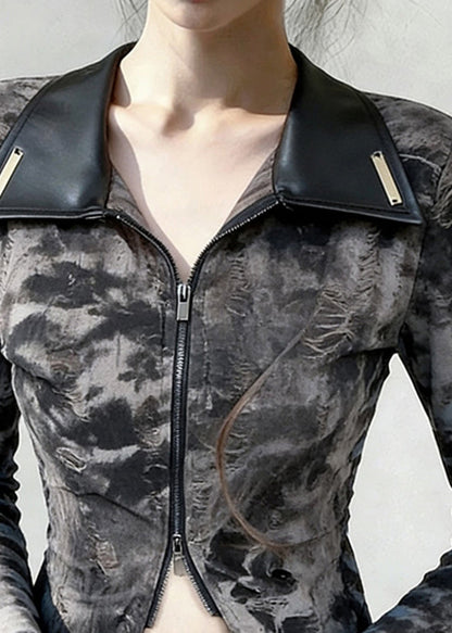 Peter Pan Collar Tie Dye Zippered Faux Leather Patchwork T Shirts Spring