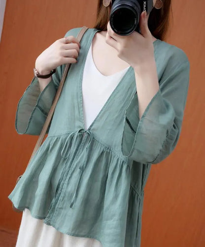 Diy V Neck Ruffles Summer Clothes for Shape Green Blouse