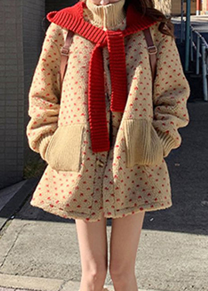 Yellow Turtleneck Pockets Zippered Faux Fur Coats Lantern Sleeve