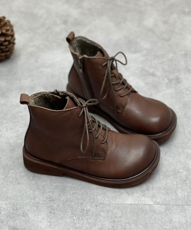 Coffee Boots Cowhide Leather Warm Fleece Lace Up Boots