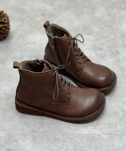 Coffee Boots Cowhide Leather Warm Fleece Lace Up Boots