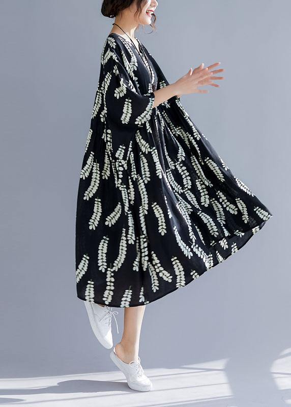 Natural Black Prints Cotton Tunics V Neck a Line Summer Dresses
