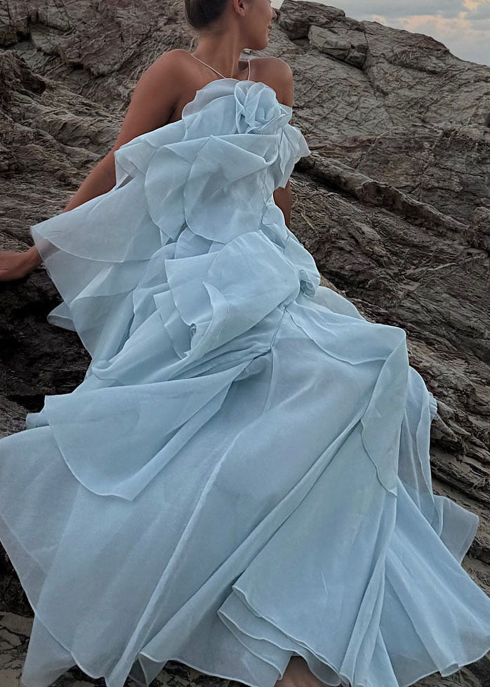 Blue Ruffled Asymmetrical Design Chiffon Spaghetti Strap Dress Summer