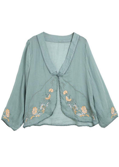 Green V Neck Embroidered Summer Ramie Cardigan Long Sleeve