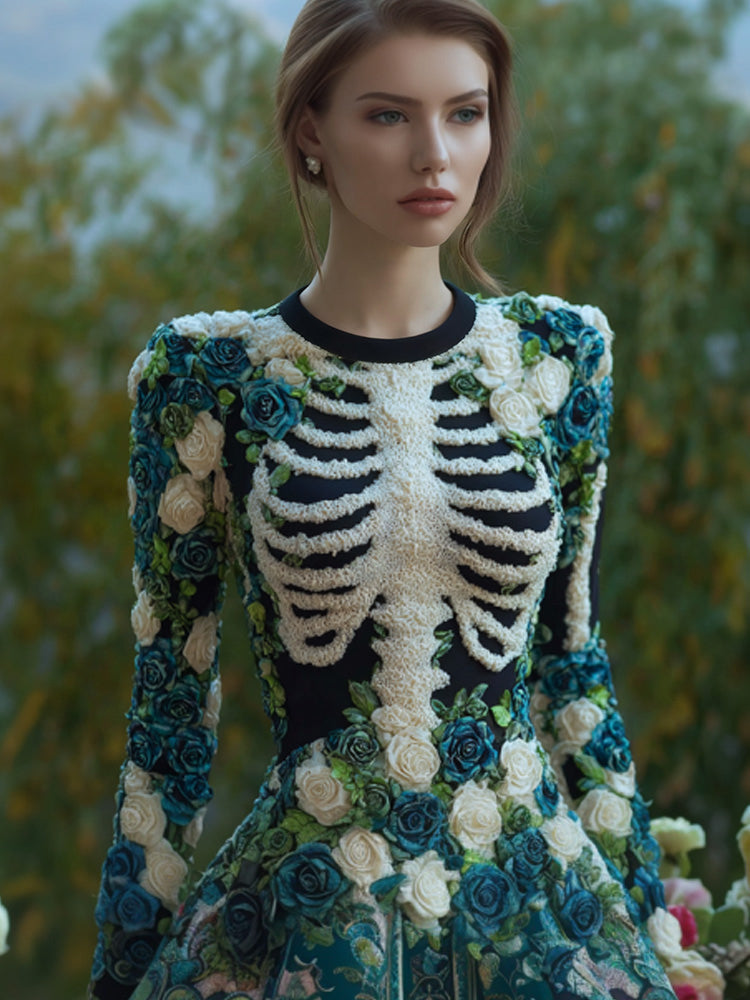 Women's Vintage Halloween Skeleton Bones With Rose Art Cozy Knit Mini Sweater Dress artswardrobe