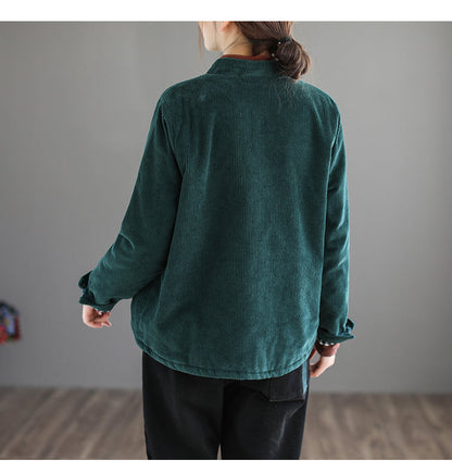 Stand Collar Corduroy Buckle Stripe Thermal Jacket