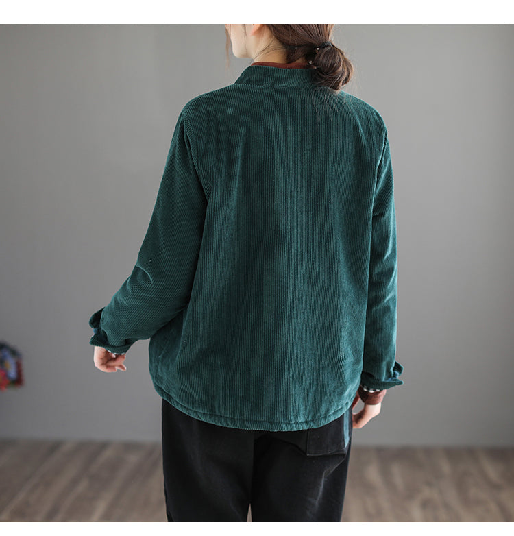 Stand Collar Corduroy Buckle Stripe Thermal Jacket