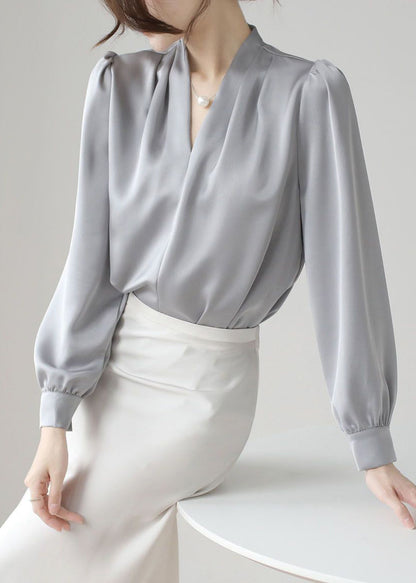 Simple Grey V Neck Button Silk Blouses Fall