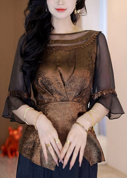 French Style New Coffee Asymmetrical Patchwork Chiffon Top Summer