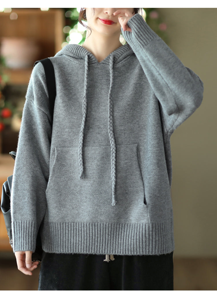 Thick Twist Drawstring Hooded Knit Sweater