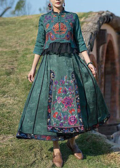 Fine Green Wrinkled Embroideried Pockets Patchwork Silk Skirt Summer