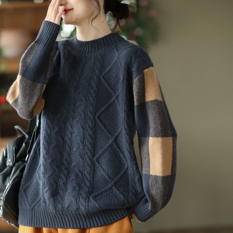 Retro Thick Jacquard Knit Color Block Three-dimensional Sweater