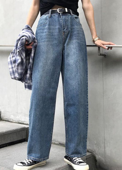 Winter Denim Blue Pants High Waist Wide Leg Trousers