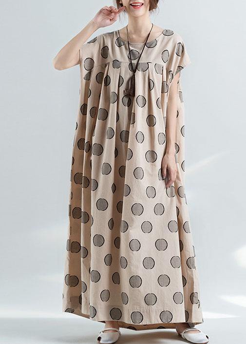 Organic Nude Dotted Prints Cotton Tunic Pattern Loose Waist Maxi Summer Dress