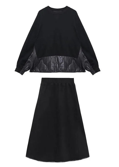 Retro Winter Black Patchwork Sweater Skirt Two Piece Set