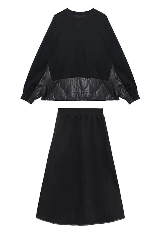 Retro Winter Black Patchwork Sweater Skirt Two Piece Set