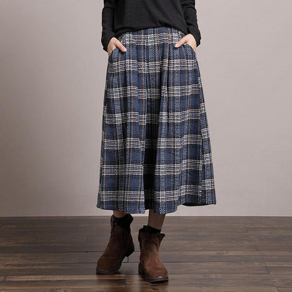 Blue and White Plaid Pleated Loose Skirt