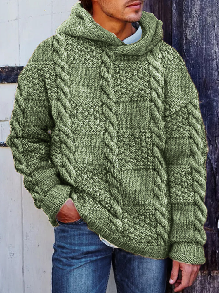 Men's Retro Check Cable Knit Chunky Hooded Sweater elevenforest