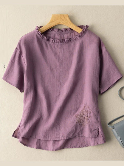 Embroidered Round Neck Short Sleeve Linen Tee Top