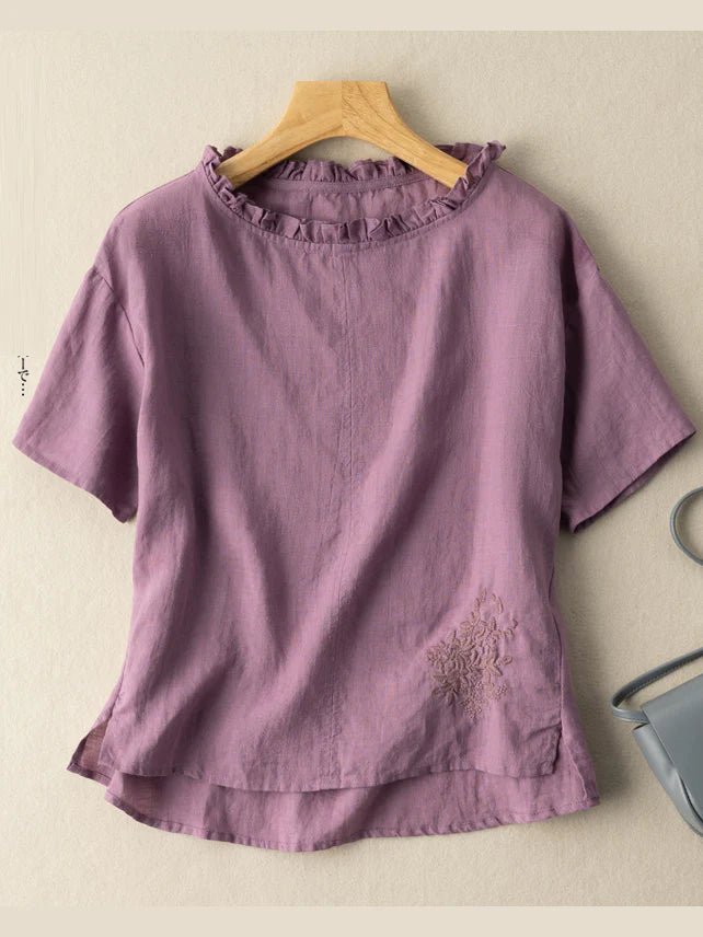 Embroidered Round Neck Short Sleeve Linen Tee Top