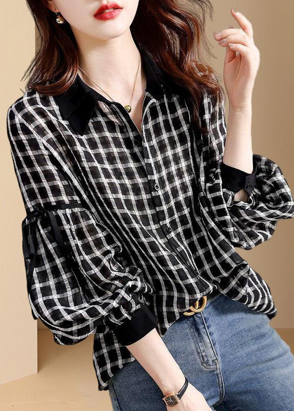 Black Plaid Patchwork Button Shirt Long Sleeve