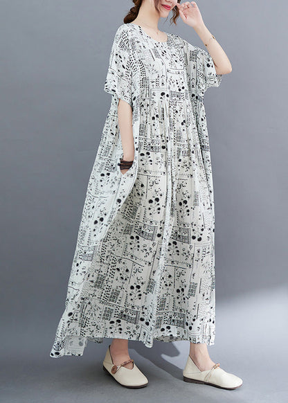 White O-neck Patchwork Wrinkled Party Maxi Dress Short Sleeve