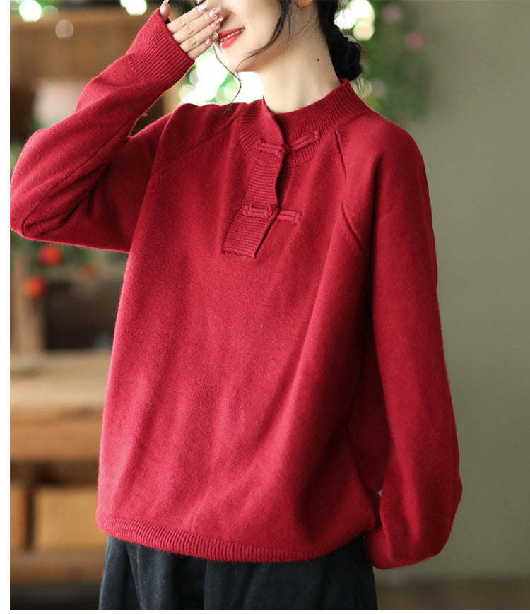 Retro Buckle Knit Loose Sweater
