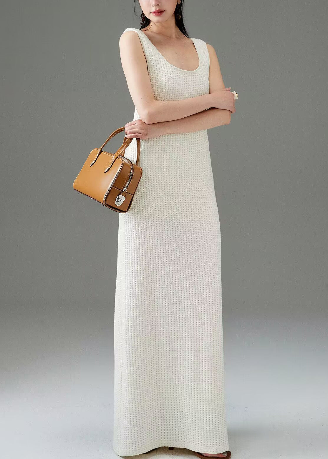 White Plaid Cotton Long Dress Sleeveless
