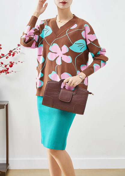 Slim Fit V Neck Print Knit Sweater and Skirt Sets 2 Pieces Fall