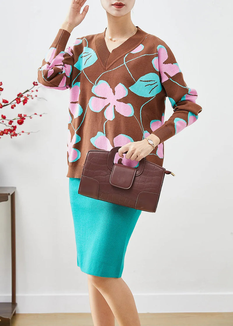 Slim Fit V Neck Print Knit Sweater and Skirt Sets 2 Pieces Fall