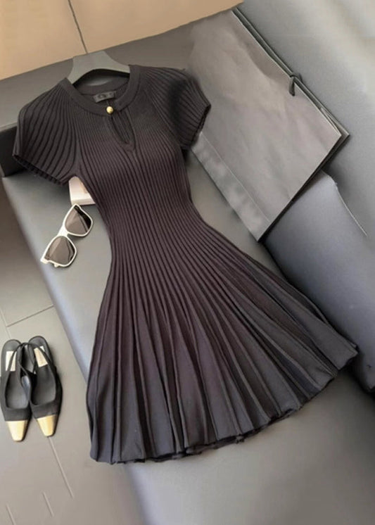 Black O Neck Wrinkled Knit Mid Dress Summer