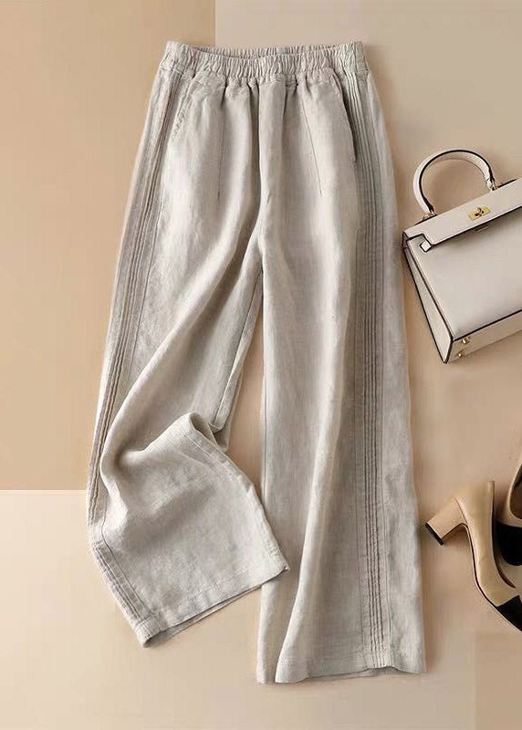 Linen Colour Ruffled Elastic Waist Draping Linen Wide Leg Pants Summer