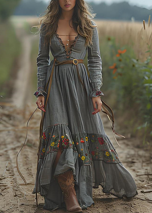 Print Wrinkled Patchwork Cotton Long Dresses Spring