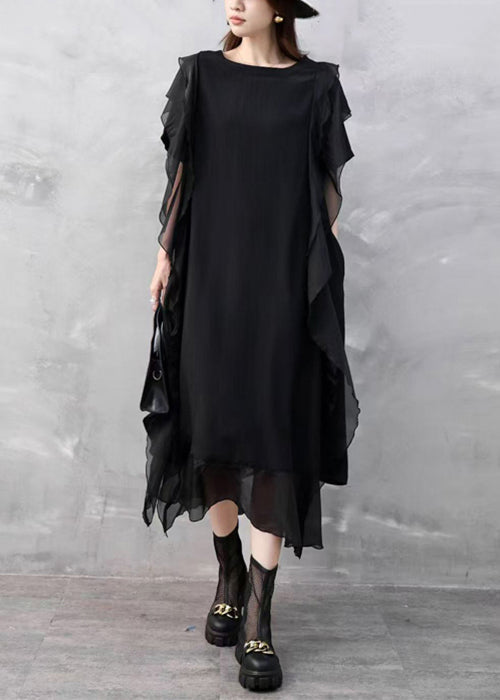 Black Pockets Chiffon Summer Dresses O Neck