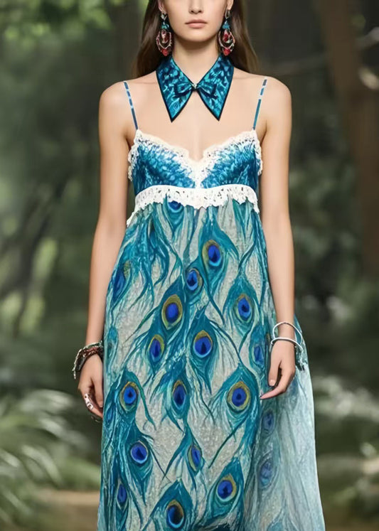 Peacock Blue Print Chiffon Strapless Dress Summer