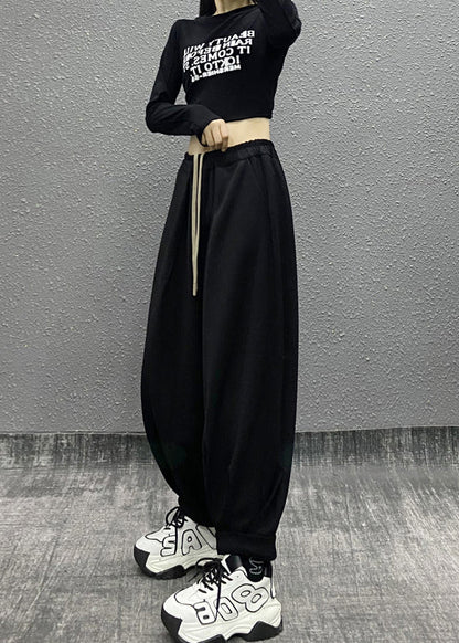 Green Pockets Wrinkled Elastic Waist Cotton Sport Pants Fall