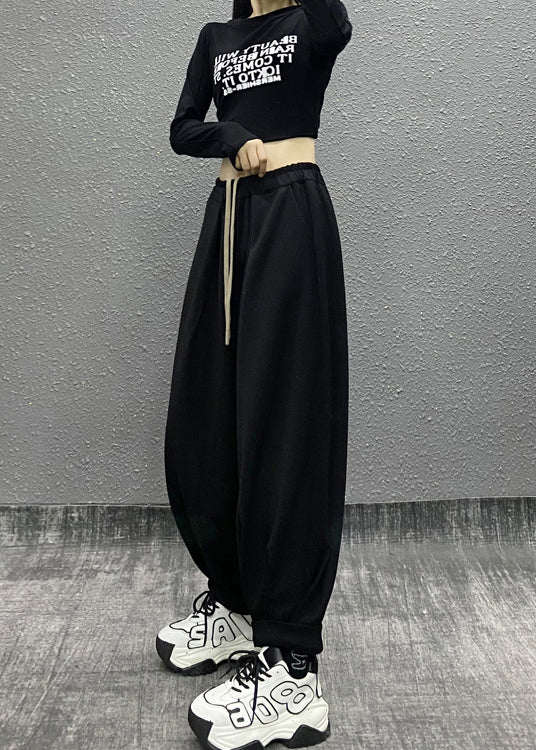 Green Pockets Wrinkled Elastic Waist Cotton Sport Pants Fall