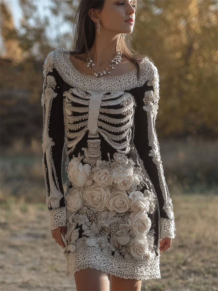Comstylish Classy Skeleton White Roses Lace Hem Knit Sweater Dress